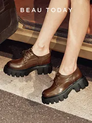 BeauToday Casual Shoes Women Cow Leather Derbys Round Toe Lace Up Thick Sole Ladies Dress Flats Handmade C21894
