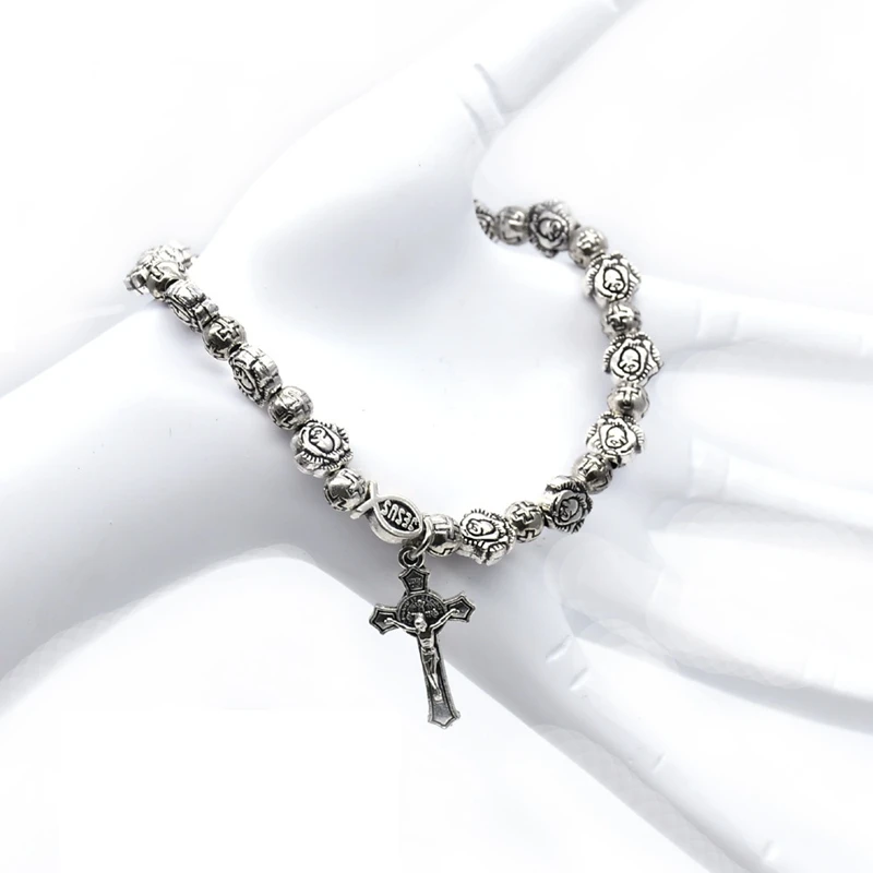 

Vintage Metal Rose Beads Strand Cross Pendant Elastic Bracelets For Men Women Catholic Jewelry