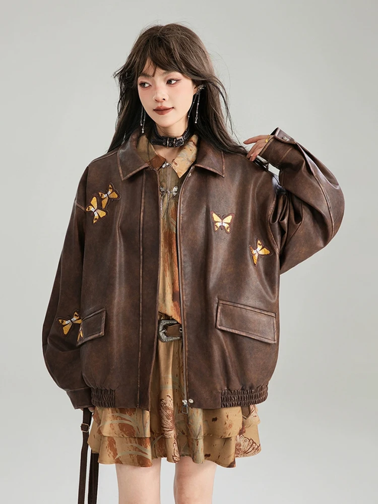 RORORIRI Y2k Butterfly Embroidered Women Leather Jacket Long Sleeves Do Old Flap Pockets Zip-up Coat Maillard Vintage Outerwear