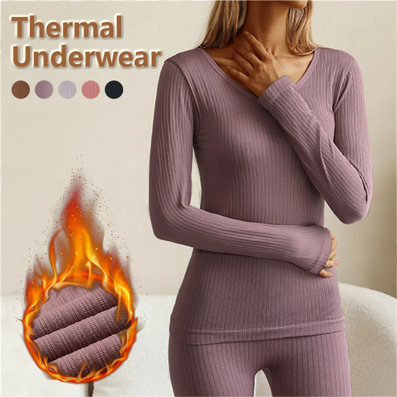 Women Thermal Underwear Winter Long Sleeve Bottoming Top Seamless Thick Double Layer Warm Lingerie Woman 2 Pcs Set Sleepwear