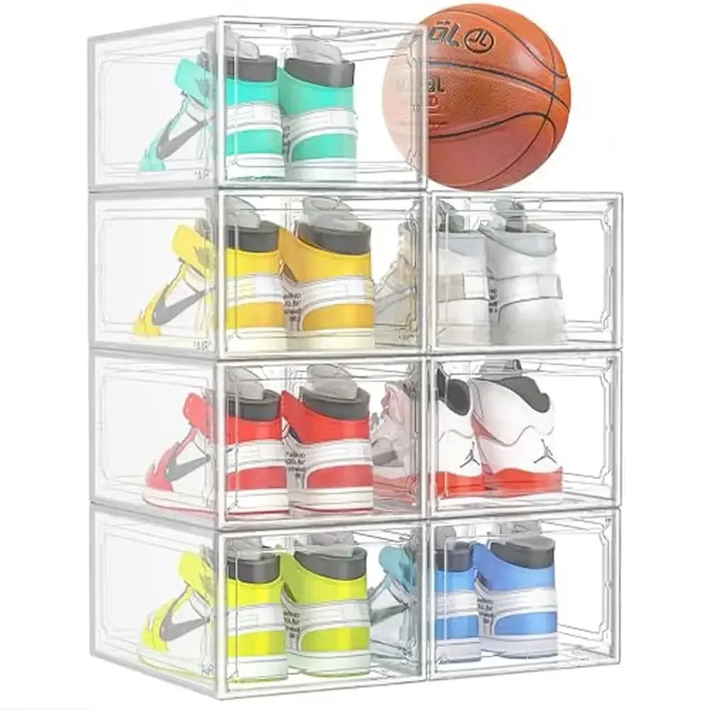 Organizador de armazenamento de sapatos empilhável, transparente, com porta magnética, tamanho XX-grande, 7 pacotes, vitrine, sapatos, chapéus, brinquedos