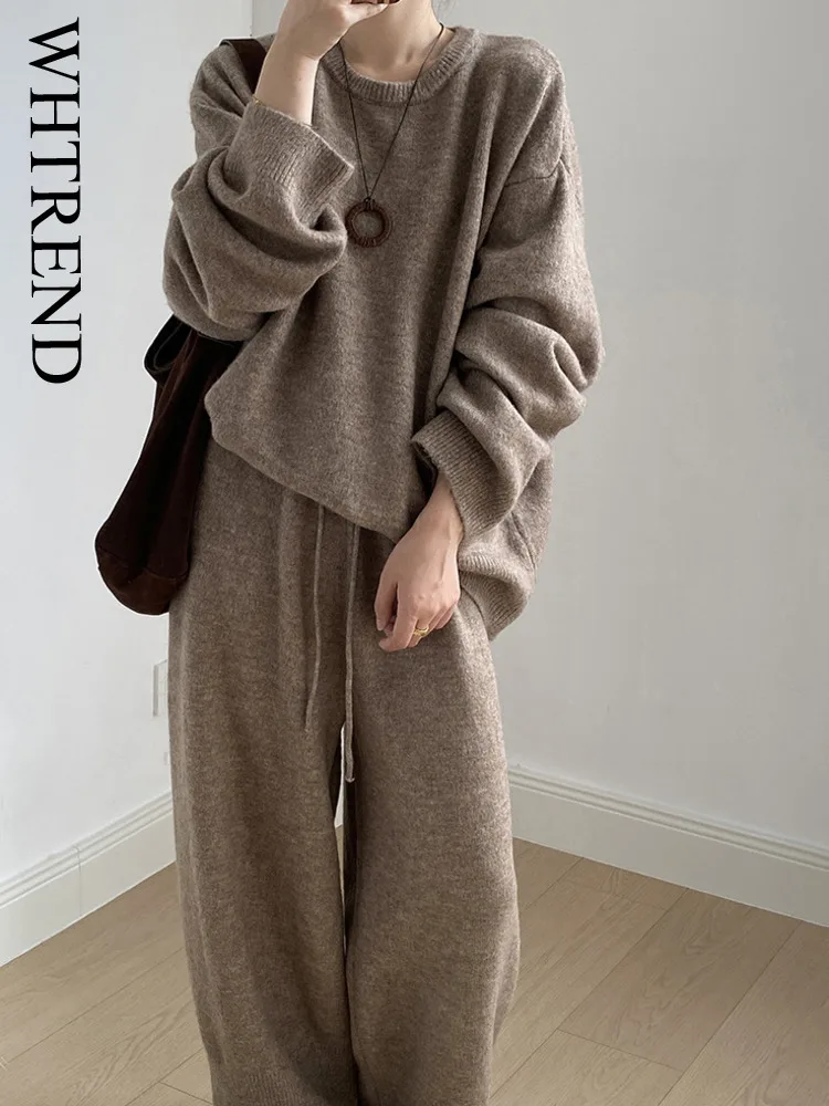 

WHTREND Soft Loose Pullover Sweater Set Pants For Women Autumn Winter Korean Style Casual Knitted Long Trousers Two-Piece Set