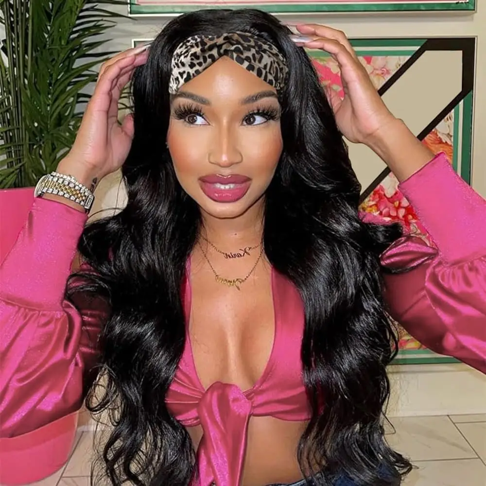 شعر مستعار صناعي مموج للنساء ذوات البشرة السمراء، شعر مستعار طويل مقاوم للحرارة ومجعد ومموج وعصابة رأس للاستخدام اليومي (1B)