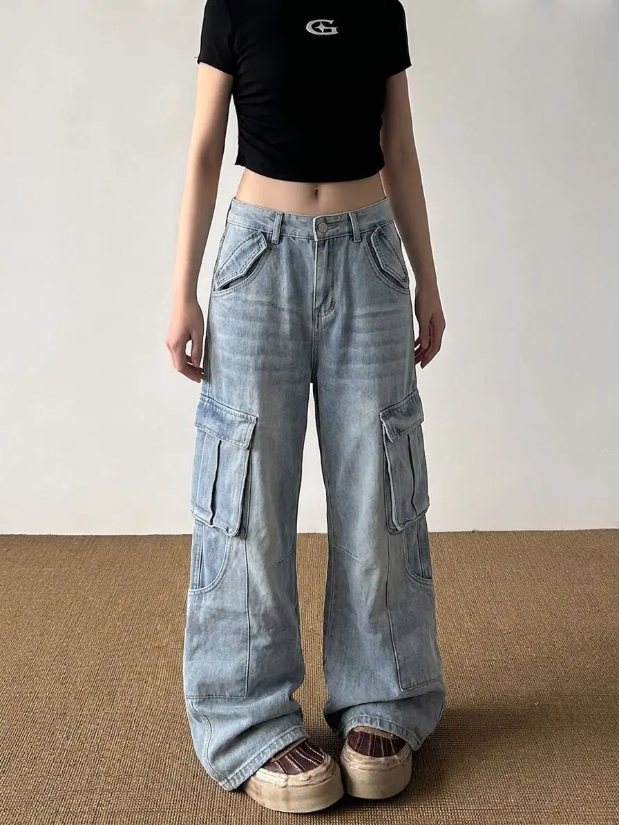 Women's Multi-pocket Wide Leg Jeans Street Cool Girl Bottoms Casual Denim Pants Female High Waist Solid Color Baggy Trousers