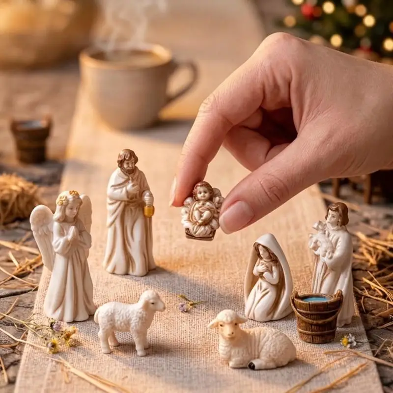 8pcs Christmas Resin Saints Mary  Baby  Angel Sheep Statues Desktop Micro Landscape Resin Small Ornaments