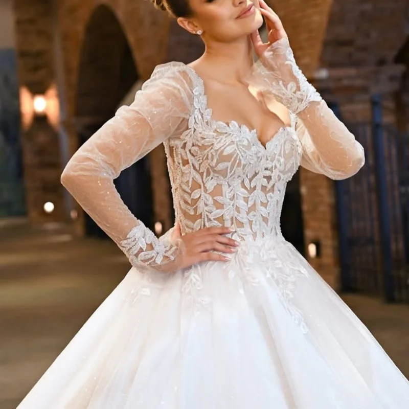 

Простое белое бальное платье для королевской свадьбы с аппликацией, кристаллами, длинными рукавами, длинным шлейфом, юбкой А-силуэта, индивидуальный пошив