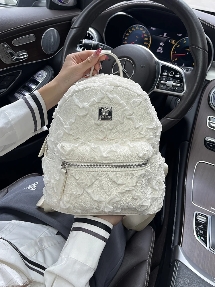 

TAMATHA Commuter Travel Diamond Pattern White Pleated oulder Bag Ele Leisure Luxury Bapa Soft Cowhide Zipper Closure