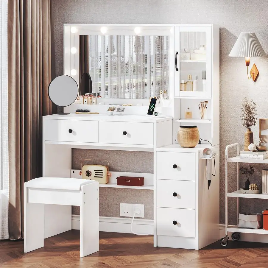 

White Vanity Table with Drawer Dresser, Farmhouse Vanitys Makeup Desk with Charging Station, Vanity Desk with Lights Mirro