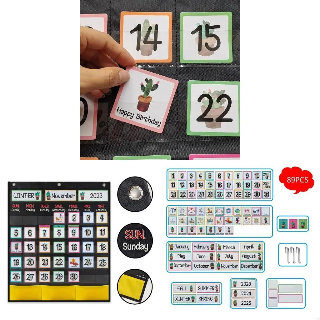 

F42D Monthly Calendar Pocket Chart with 89 Cards, 20.07x23.62In Calendar Pocket Chart for Kid Calendar Learning