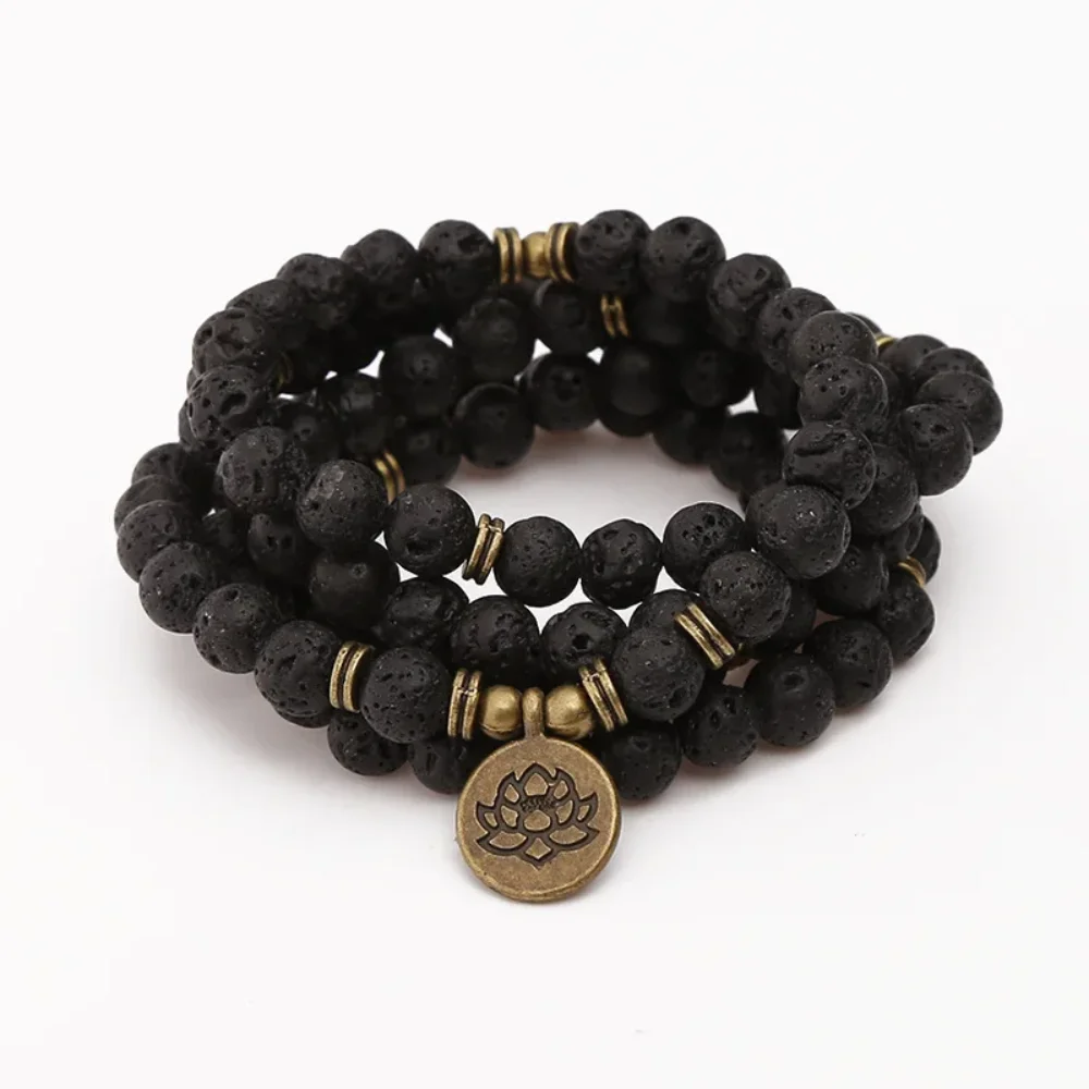 108 Beads 8 mm Lava Rock Stone Buddha Lotus Mala Bracelet for Women Men Strand Charm Bracelet or Necklace Fashion Jewelry