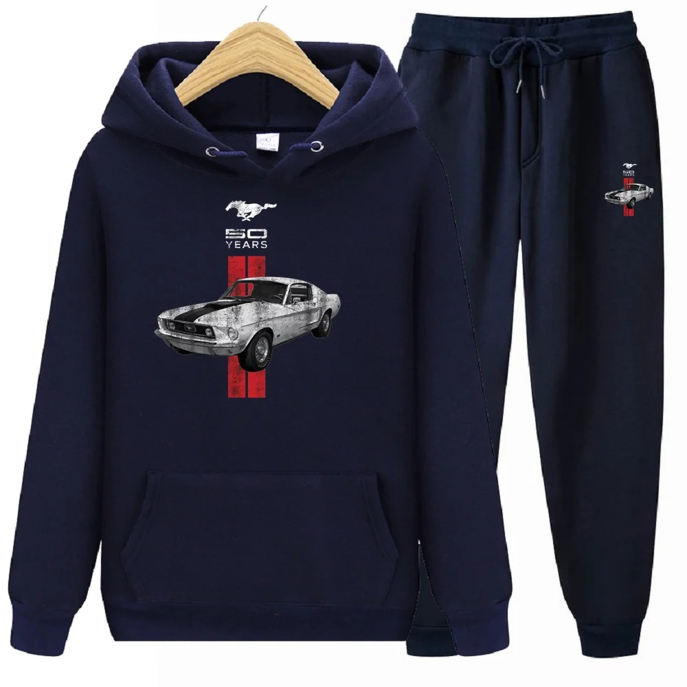 Men 2Pcs Sets Fleece Hoodies And Sweat Pants Set Ford 50 Years Logo Mustang Car Jersey Suit Sportswear Unisex Ensemble