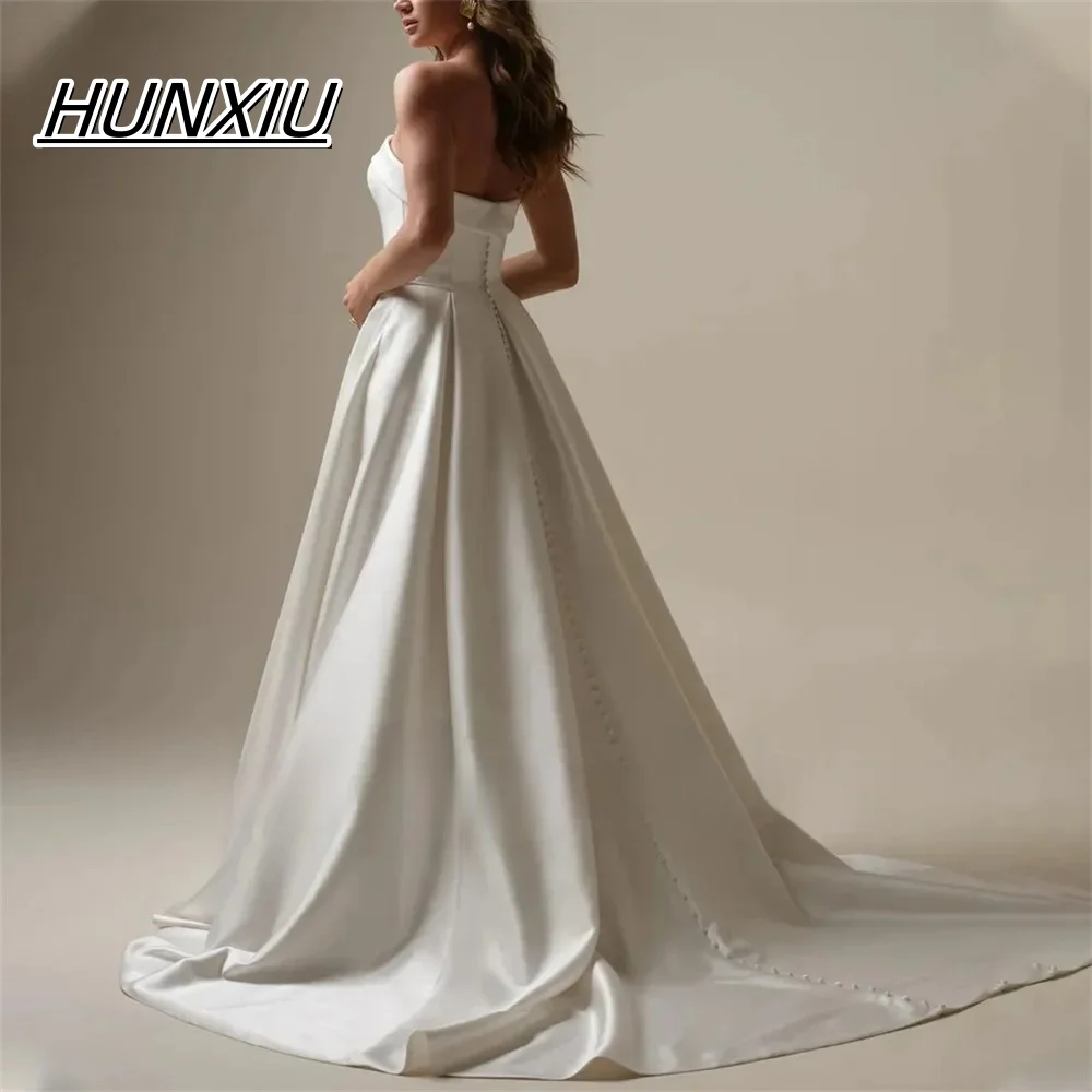 Customized Elegant Satin A Line Wedding Dress Simple Strapless Bridal Gowns For Wedding Long Pleated Bride Dresses