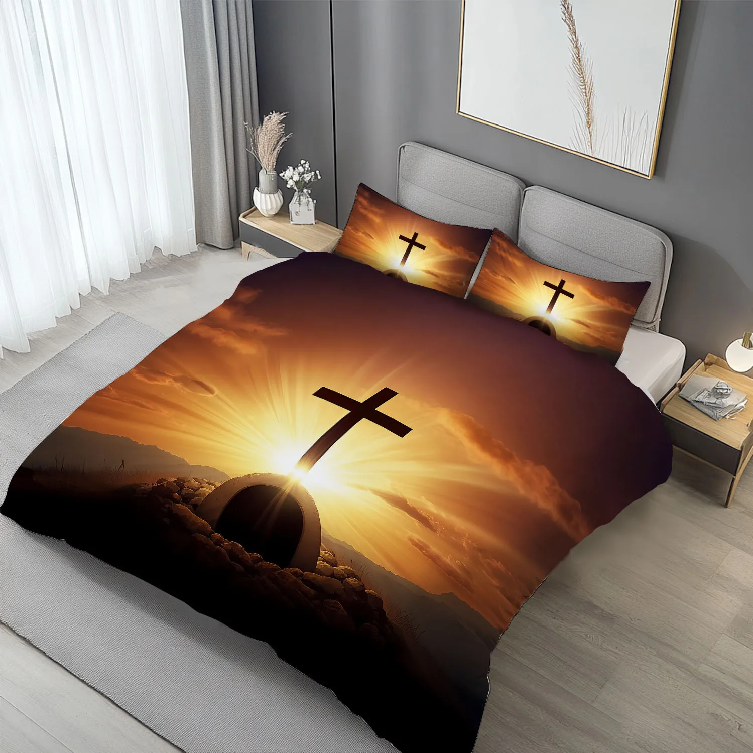 Latacaca 3pcs Christian Cross Duvet Cover Set, 1 Duvet Cover + 2 Pillowcases, Featuring A Beautiful Sunrise Over The Cross