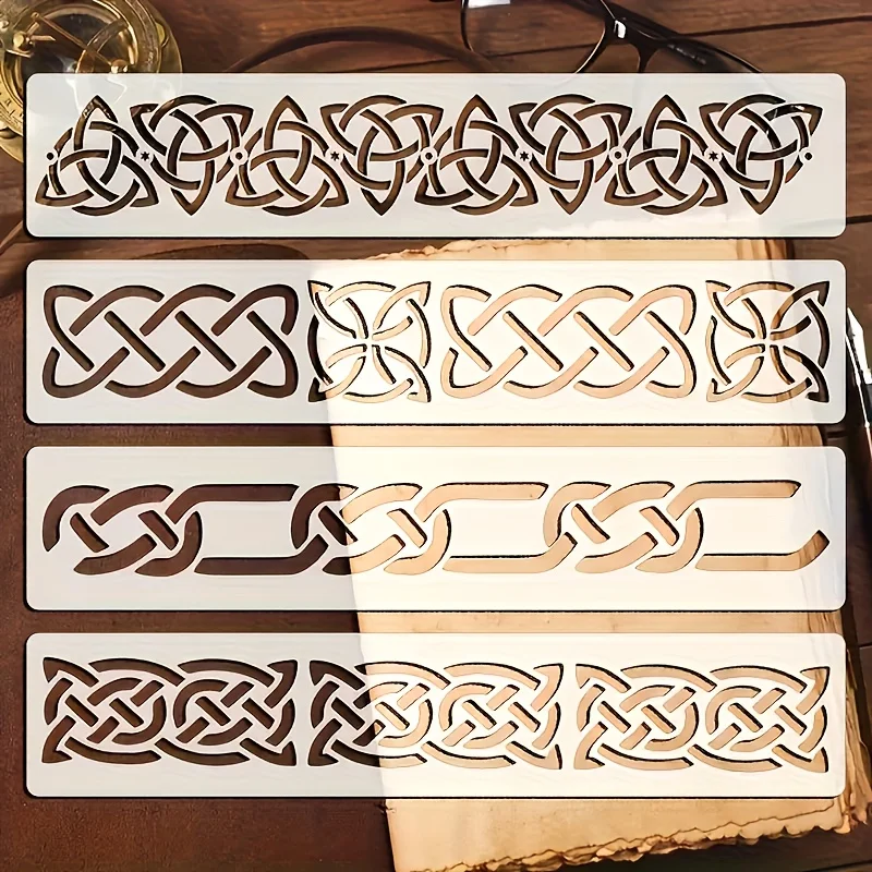 4PCS 9.8 X 2.0 in Celtic Knot Border Stencils Set for DIY Wood Tray Wall Furniture Fabric Painting Templates