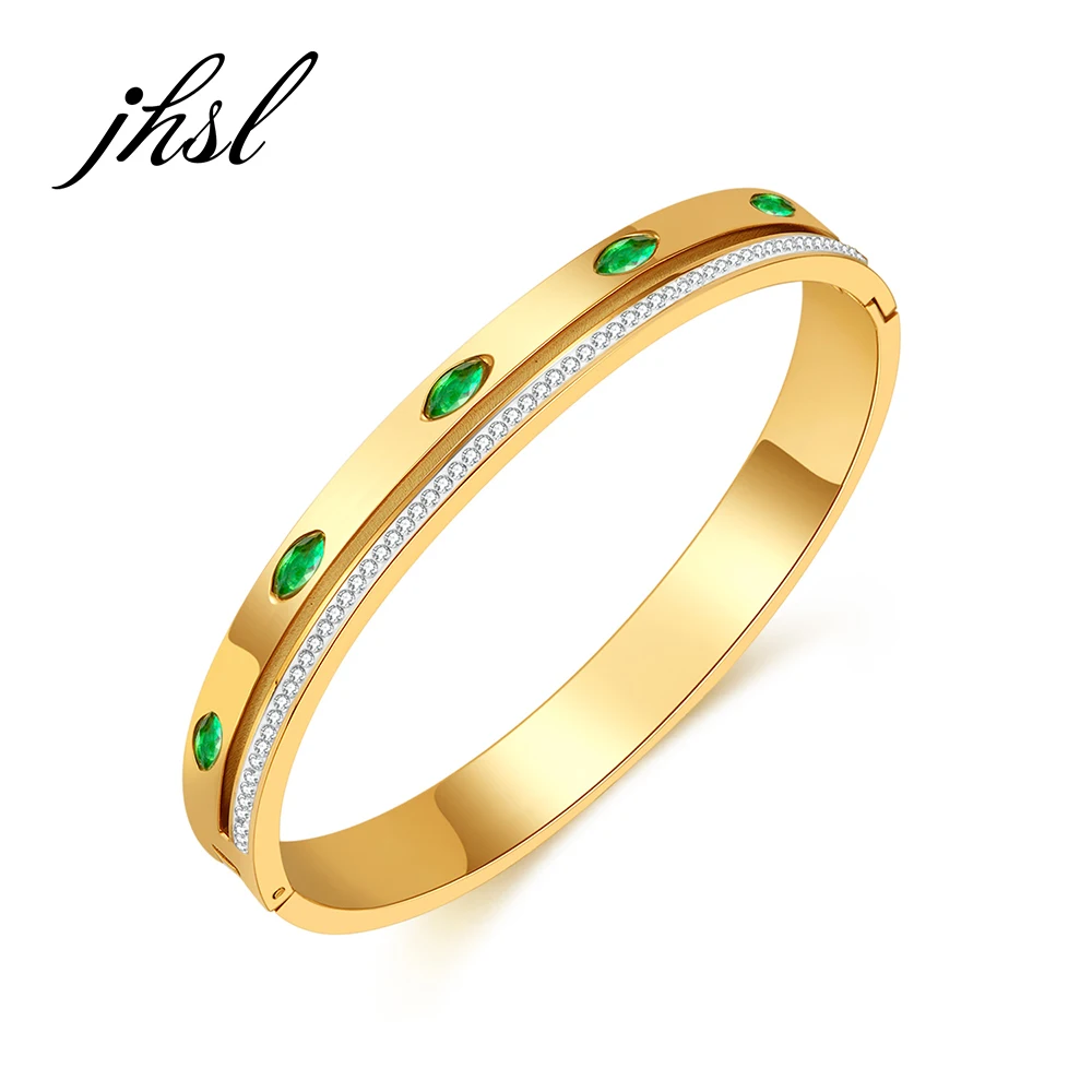 

JHSL Women Green Cubic Zirconia Statement Bracelets Bangles Stainless Steel Silver Gold Color Girlfriend Gift Fashion Jewelry