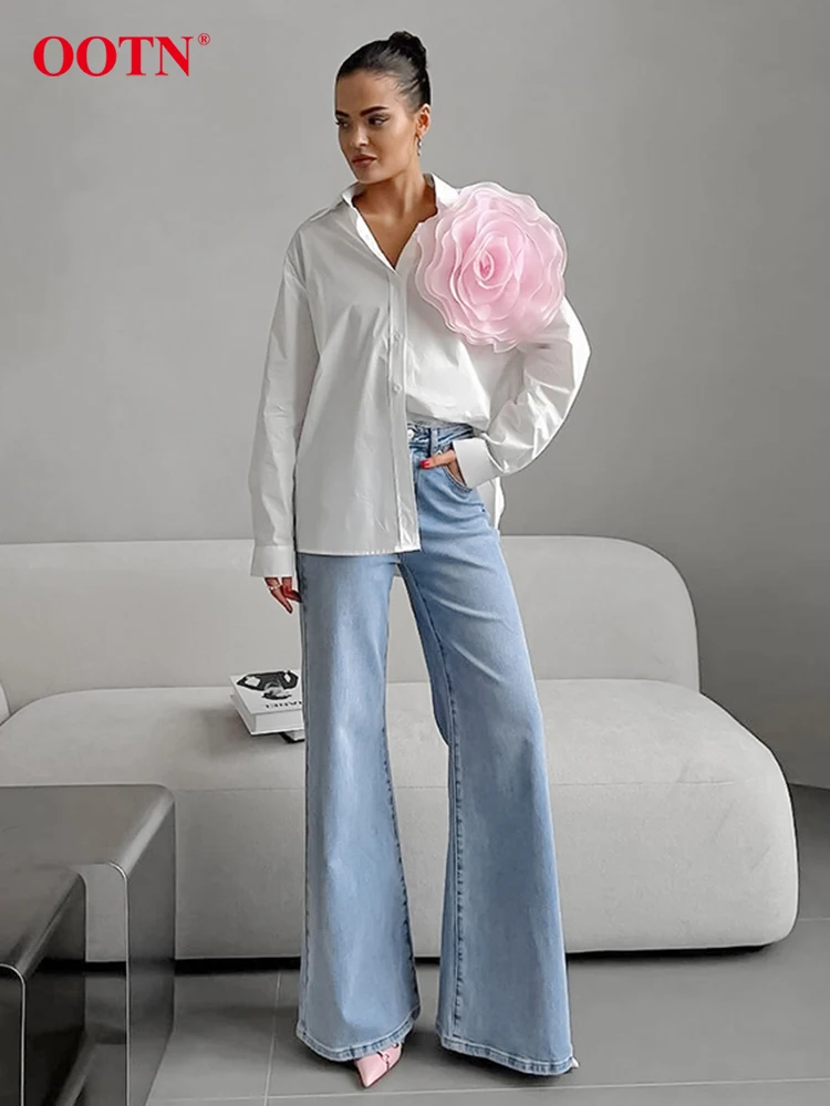 OOTN Elegant Pink Flowers White Shirts Blouses Women 2024 Summer Office Lady Long Sleeve Shirts Chic Loose Blouses Tops Female