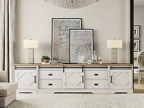 98.5 inch Wide Large Farmhouse TV Stand w/Drawers & Storage Cabinet | Contains 3 Modular Units that Can be Placed