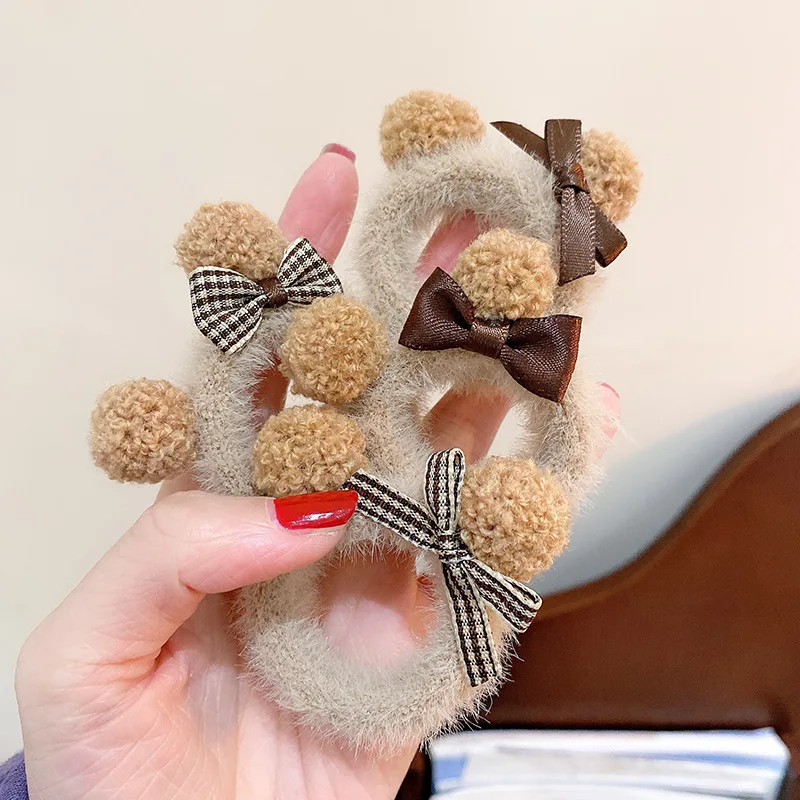 

Milk Coffee Color Hairbands Children's Plush Teddy Bear Rubber Bands Cute Teddy Bow Kawaii Little Girl Headwear Hair Accessories