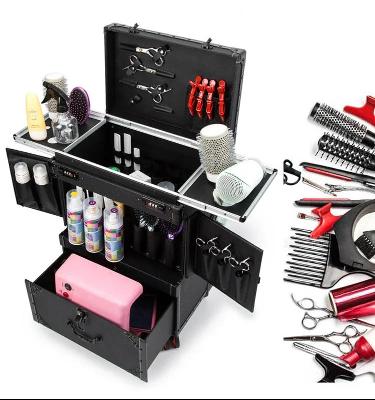 Punk Hairdressing Toolbox Trolley Luggage Bag Nail Black Retro Grandma Salon Drawer Professional Makeup Tool Box Large Suitcase