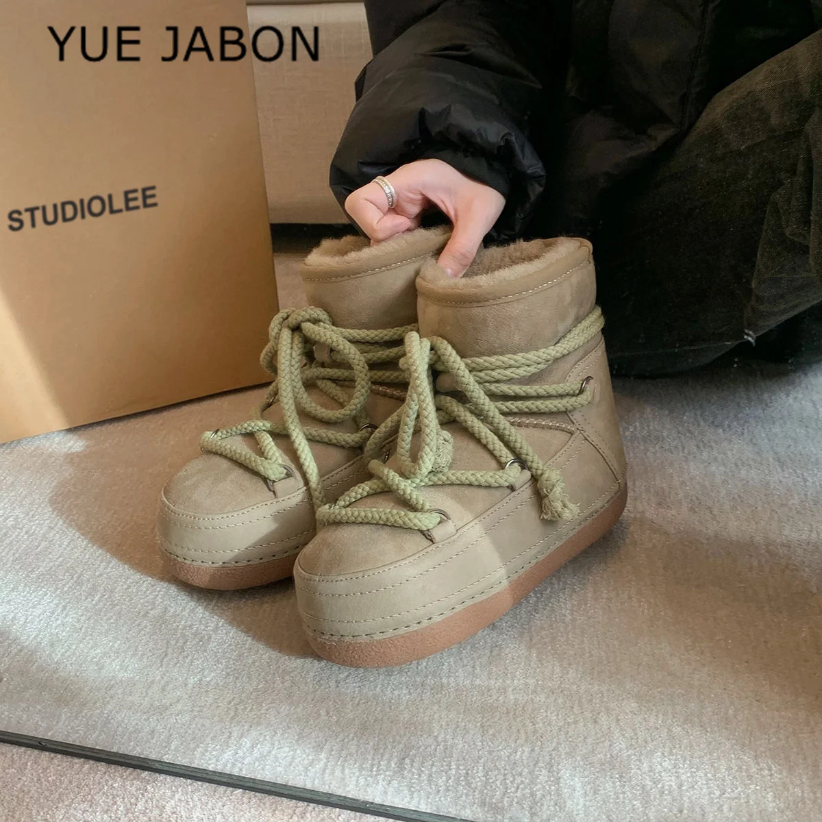 

Меховые замшевые передние толстые шнурки, зимние ботинки до щиколотки, теплые ботинки на платформе с круглым носком, короткая плюшевая толстая подошва, хлопковая обувь для хлеба