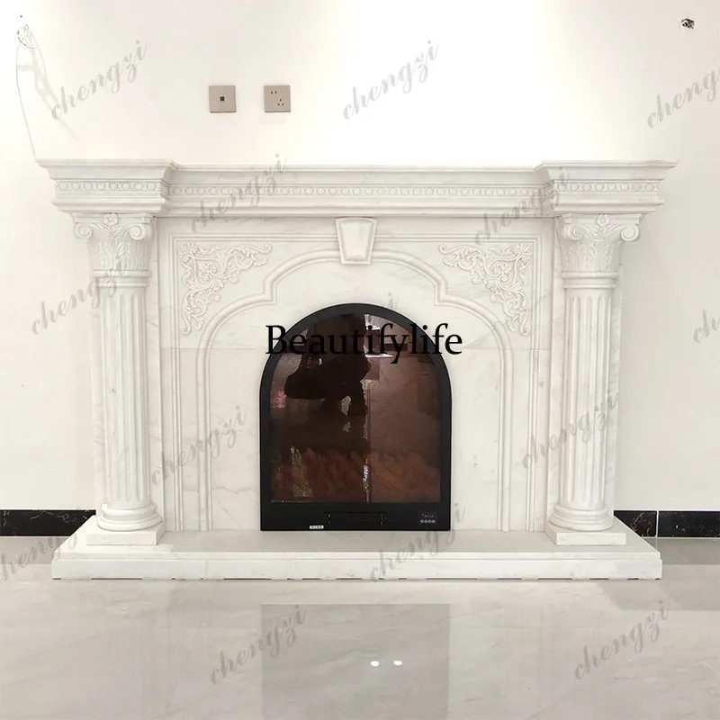 Marble fireplace stone carving European Roman column white marble French decorative mantel custom