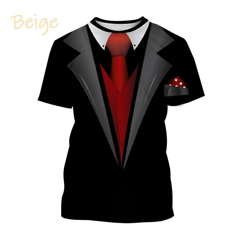 2023 Summer Men\'s TuxedoRetro Tie Suit Bow Tie 3d Print T-shirt Casual Short-sleeved Street Funny Fake Suit Top