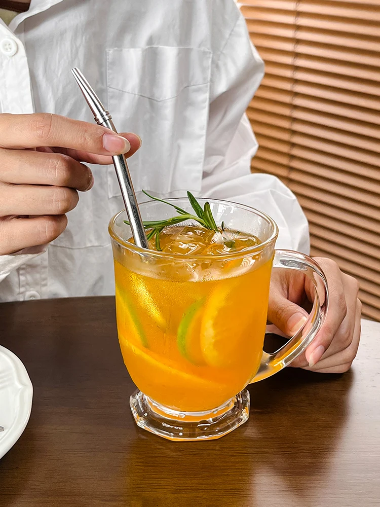 

Gururu Large Capaci Glass Cup with Handle Vintage Sle round ape Milk Tea Juice Drink Transparent Lead-Free Glass Cup