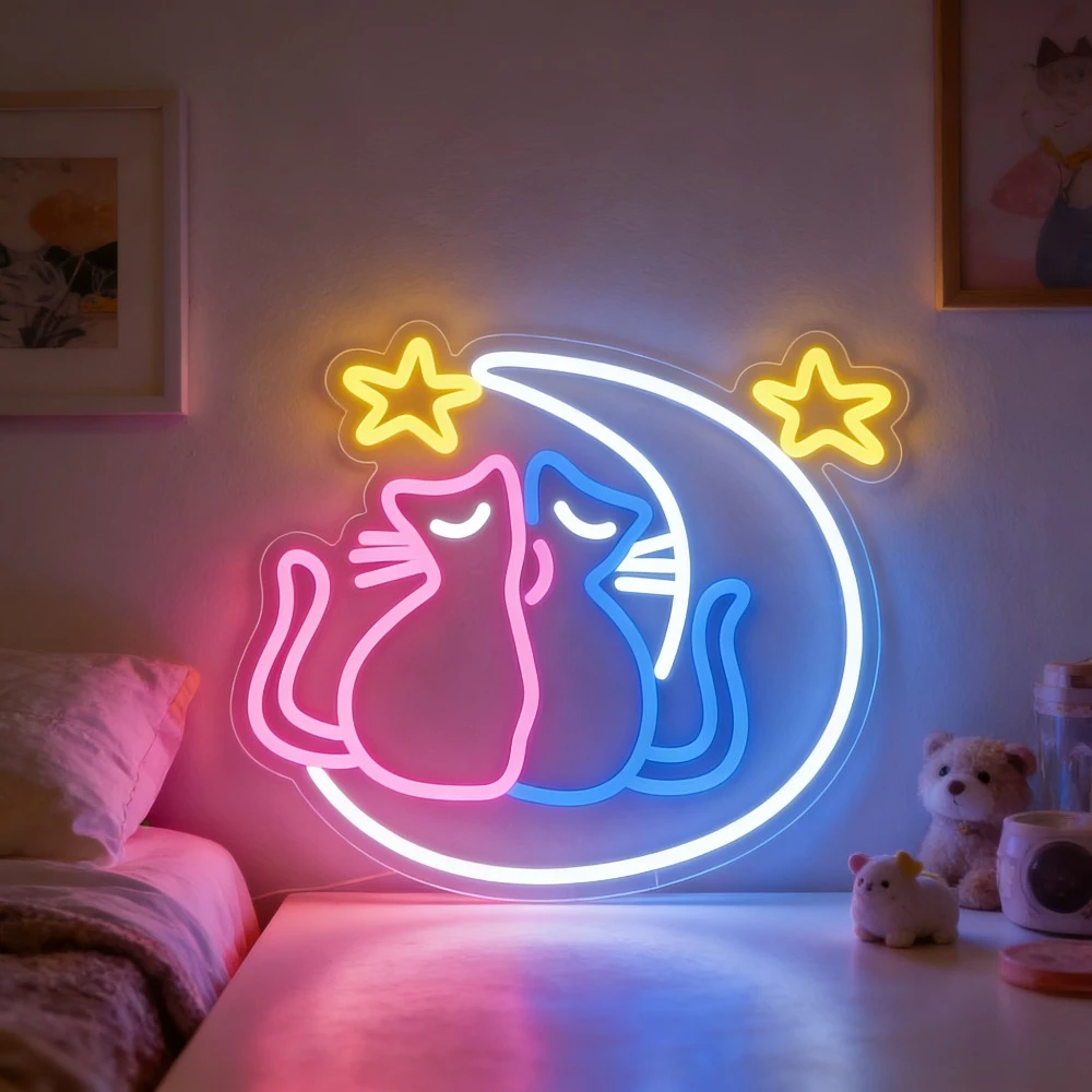 ムーンキャッツネオンサイン-キュートな誕生日プレゼント-調光可能なピンクブルーイエローledネオンライト-寝室-子供部屋-パーティー-結婚式-壁飾り