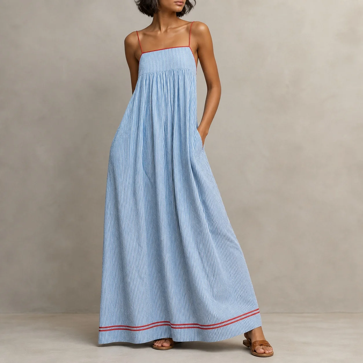 Women's Summer Sleeveless Halter Neck Loose Fit Striped High Waist Long Woven Dress for Women Casual Off Shoulder Pullover