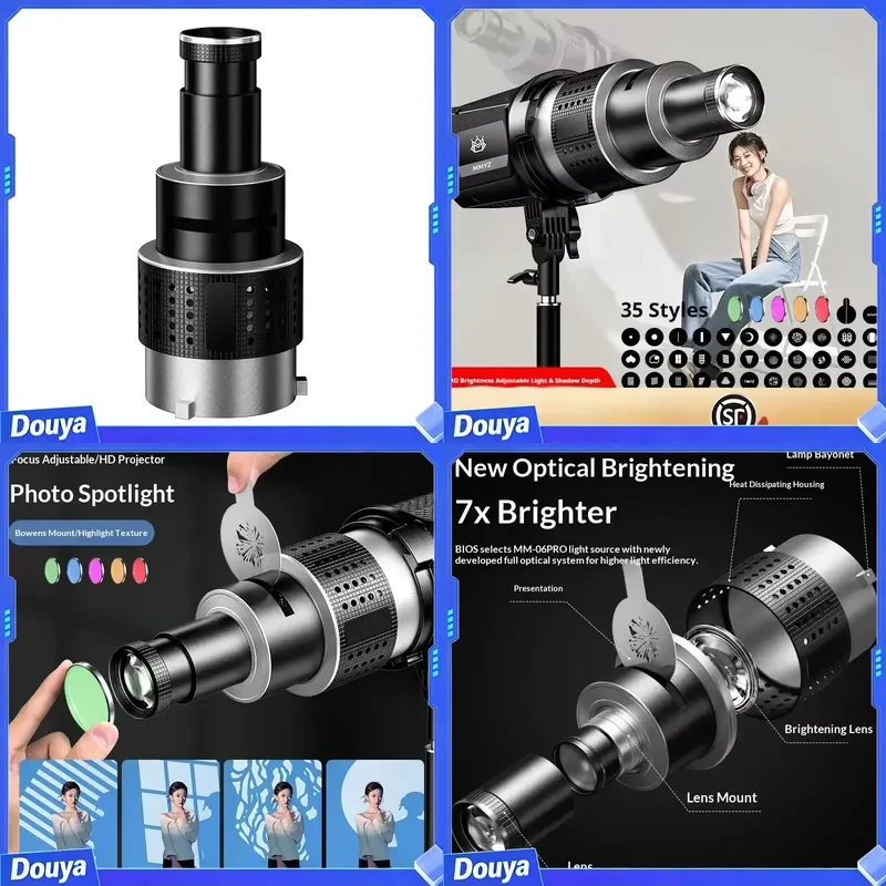 MM-06 Pro Bowens Mount Photography Studio Projector Attachment 5 Color Filters 35 Gobos Conical Optical Snoot for
