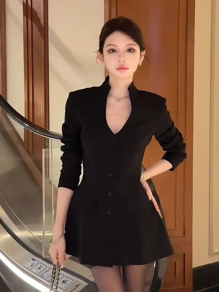 

Ele V-ne Single Button Suit Dr Women's Autumn Winter ort Waist-Cinching Skirt Sexy Asymmetrical High Waist Knitted...