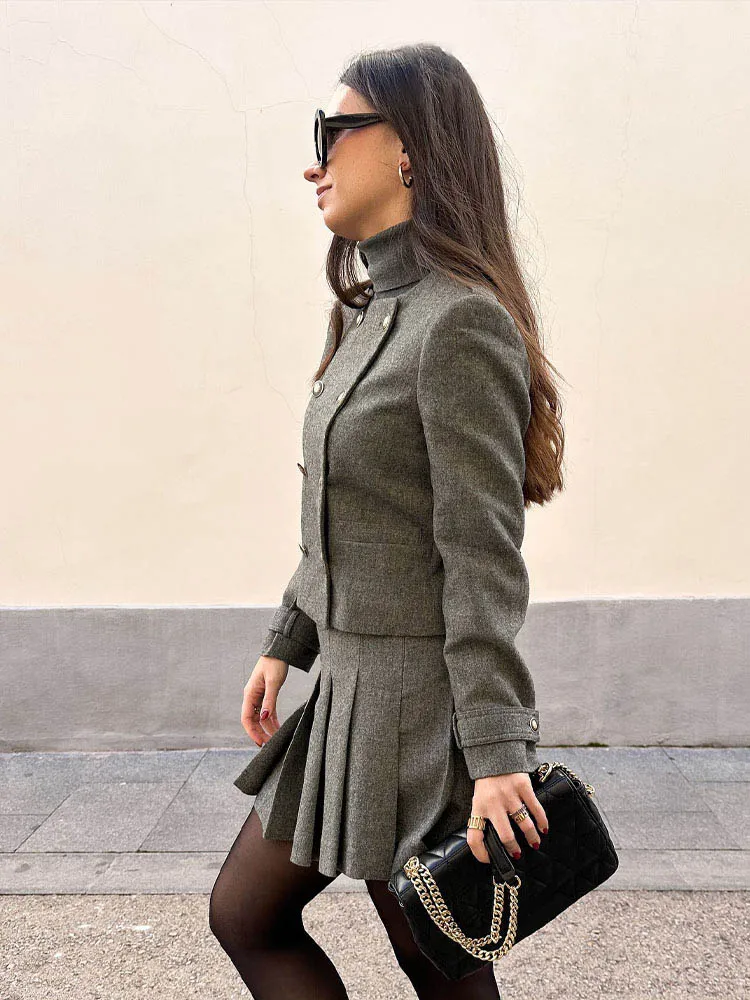 TRAFZA Damen-Rock, 2-teiliges Set, weiblich, neue Modeserie, einreihige Wollmischung, Jacke + eleganter, schlanker Reißverschluss, breiter Saum, Faltenrock