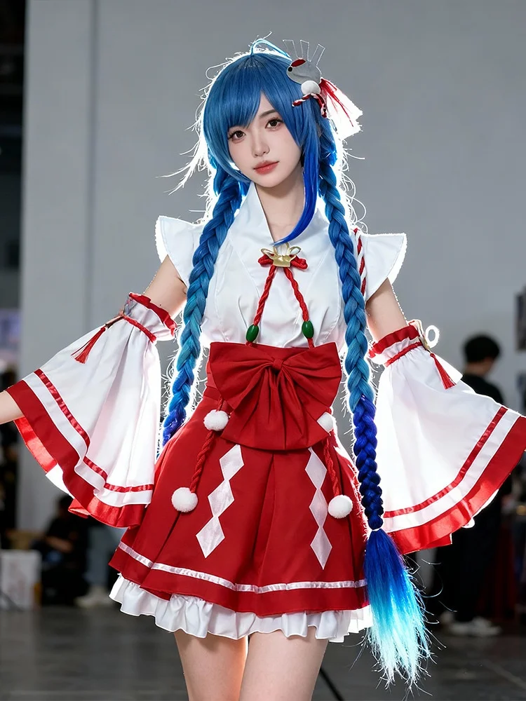 

Костюм для косплея по мотивам аниме-игр: красно-белая юбка, парик для сценических выступлений, наряд для ролевых игр в традиционном китайском стиле