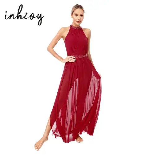 Leotardo de gimnasia y Ballet para mujer, vestido de danza lírica contemporánea, sin mangas, superposición de malla transparente, Maxi vestido dividido, Ropa de baile moderna