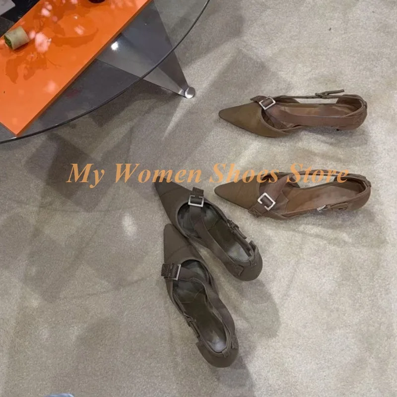 Army Green Suede Pointy Toe Pumps Buckle Strap Middle Thin Heel Sexy Pointy Toe Black Runway 2026 Summer Spring Women Dress Shoe