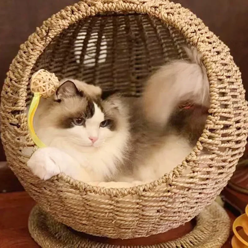 Seagrass Handwoven Semi-Enclosed Cat Bed, Round Scratch Resistant Pet House, Summer Breathable Cat Hammock for Cats