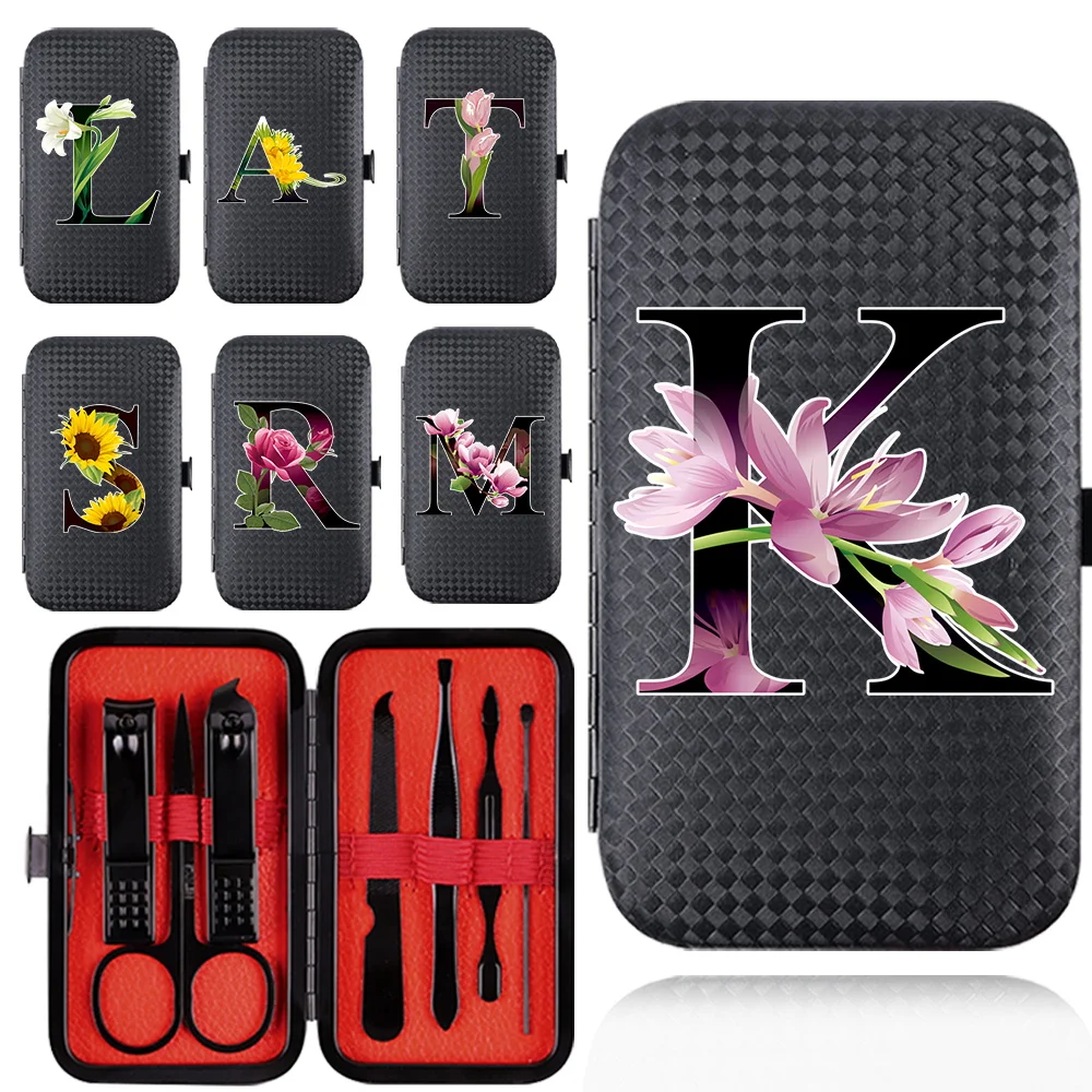 

7Pcs Pocket Manicure Kit Pedicure Tool Organizer Stainless Steel Nail Clipper Set Portable Care Case Flower Color Letter Pattern