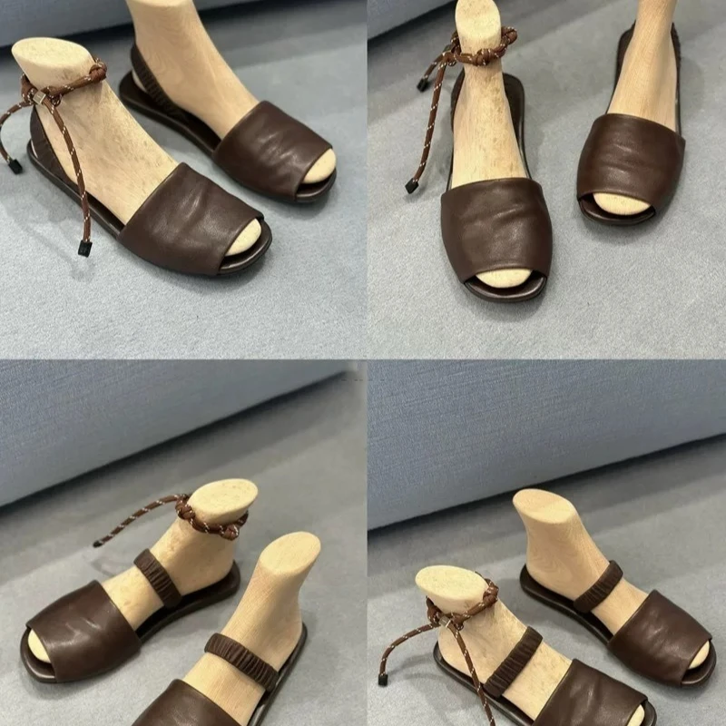 

Korean Cowhide Peep-toe Sandals Women's Shoes Single Strap Flat Mule Outdoor Fashion Slippers Piel Auténtica HQ60XZ