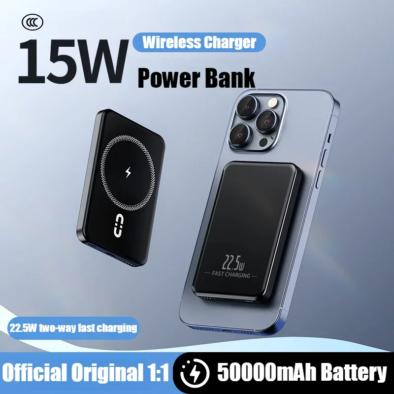 

New Aluminum Alloy Wireless Fast Charging Magnetic Power Bank 50000mAh PD 22.5W Two-way Quick Charger for iPhone Samsung Xiaomi