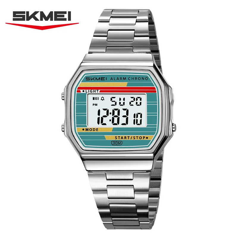 Skmei 2514 Men Square Digital Watch Stainless Steel Band 30M Water Resistant Led Backlight Multi Function Sport Wristwatch