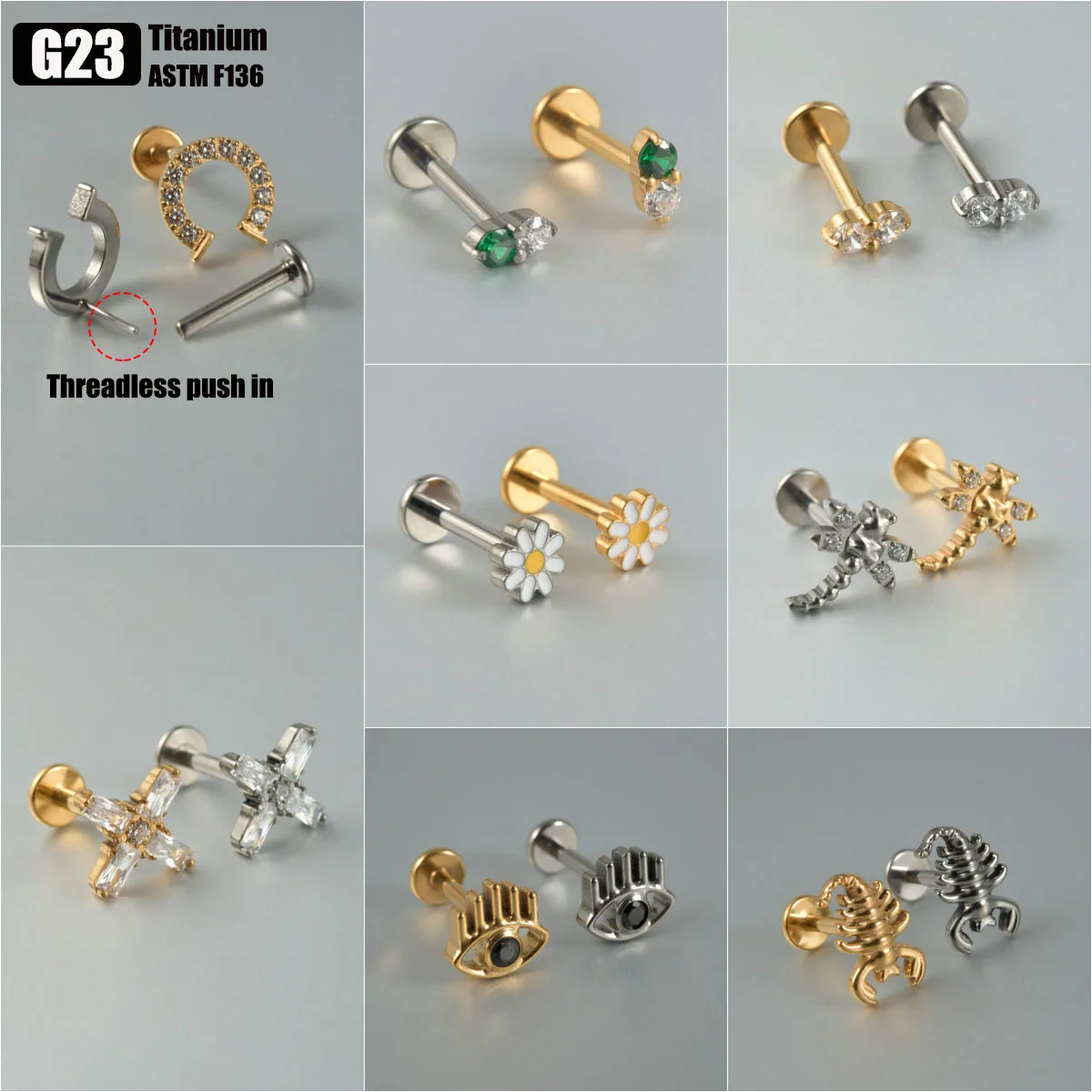 1PC G23 tytanowy bezgwintowy Push In Labret wargi pierścienie krzyż ważka chrząstka ucha Tragus Helix kolczyk płatek Piercing biżuteria