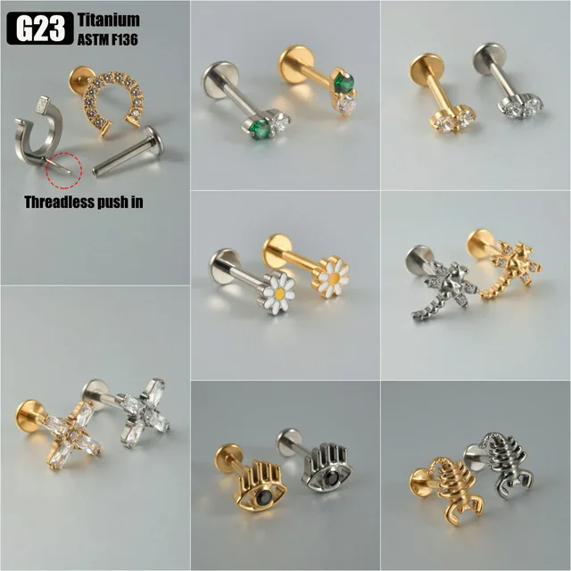 1PC G23 tytanowy bezgwintowy Push In Labret wargi pierścienie krzyż ważka chrząstka ucha Tragus Helix kolczyk płatek Piercing biżuteria