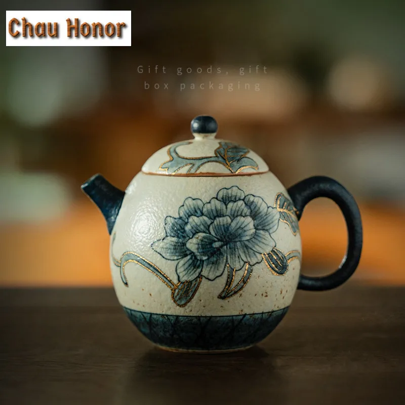 

160ml Blue And White Flint Red Teapot Handmade Gold Drawing Peony Flower Pot Tea Maker Egg Shape Kettle Chinese Tea Set Ornament