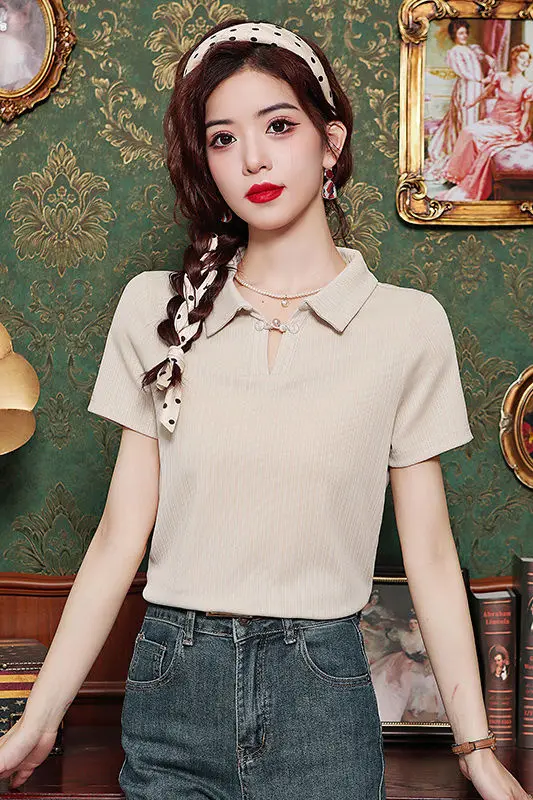 

Elastic Polo Shirt Short Sleeve T-Shirt Women's 2025 Summer New Popular Design Button Top Polo Dress Women Ladies Tops