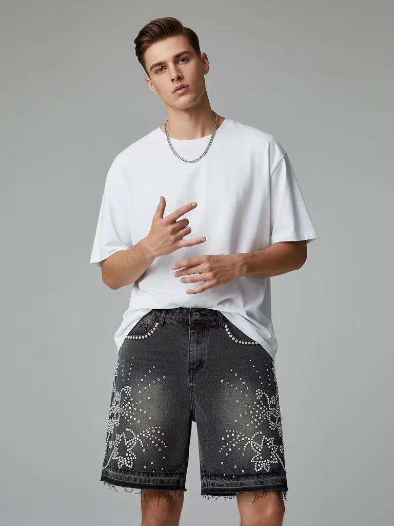 

Loose Straight Black Water Drill Denim Shorts Men's mid Waist Jeans Fabric Comfortable Fit Short Pants Casual Summer Wear