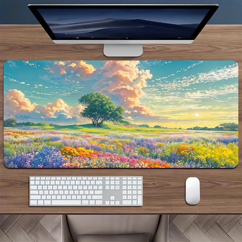 Dreamy Colorful Flower Field Sunset Print Mouse Mat Non Slip Waterproof Soft Office Pad Creative Gift for Nature Decor Lovers