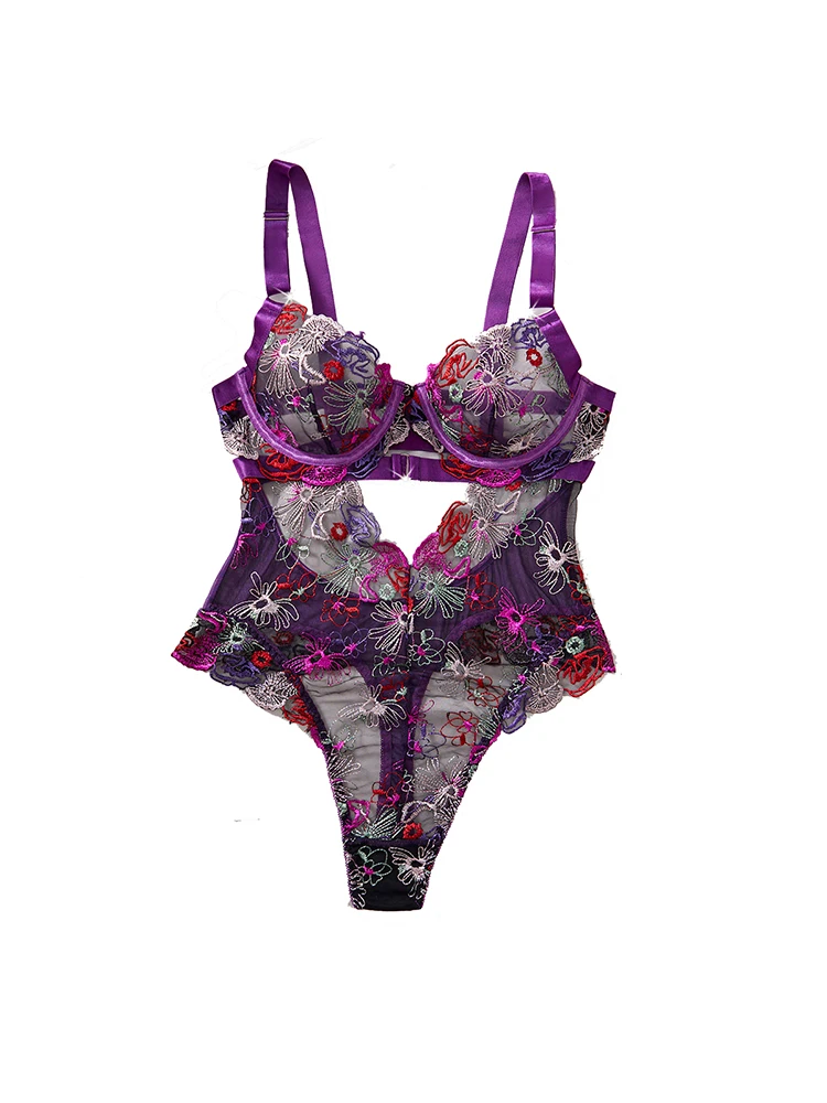 

Женский сексуальный комплект нижнего белья: боди, цельный бюстгальтер, кружевное белье с вышивкой и цветочным узором, романтическое, прозрачное, комплект бюстгальтера и трусиков