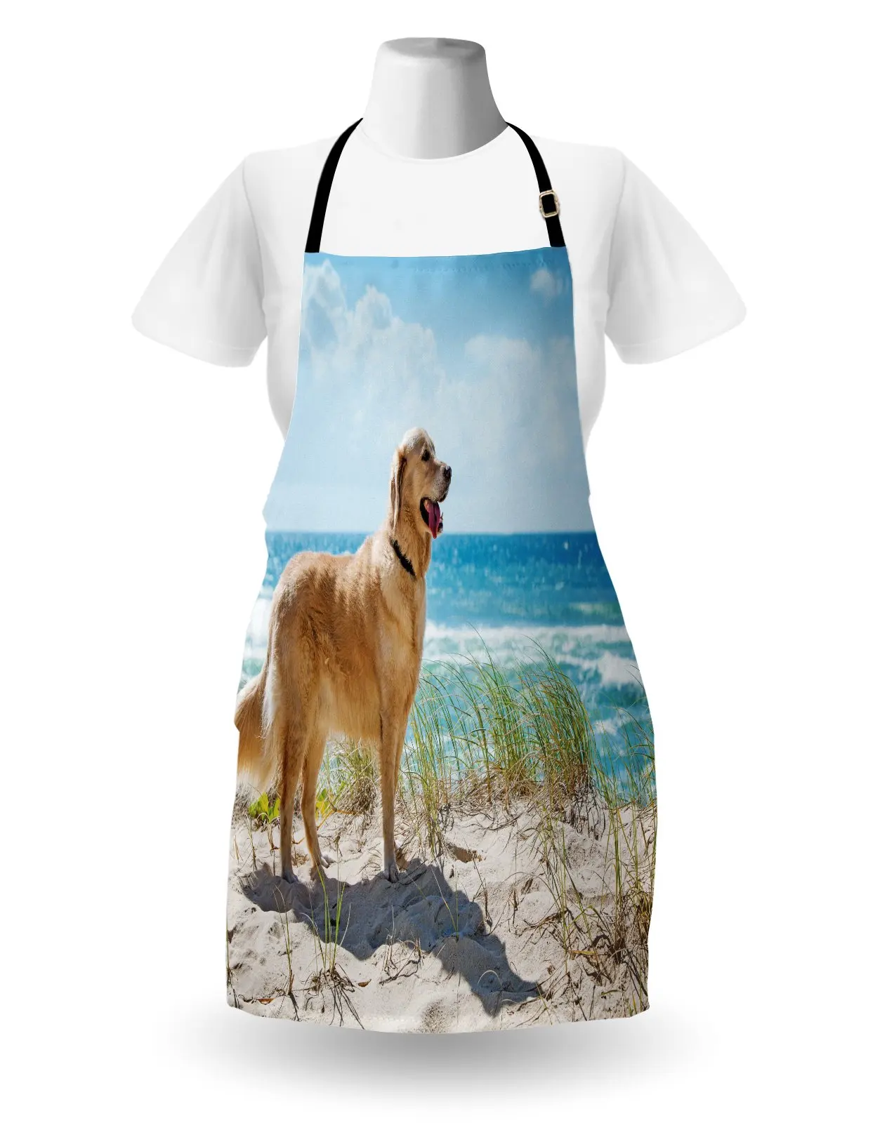 Dog Lover Apron, Golden Retriever on a Sandy Ocean Outside Sky, Unisex Kitchen Bib with Adjustable Neck for Cooking Gardening