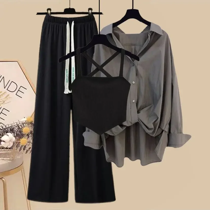 

Korean Fashion Retro Tank Top Casual Shirt Versatile Wide Leg Pants Three Piece Set Spring and Summer Suit Women's 2025 New