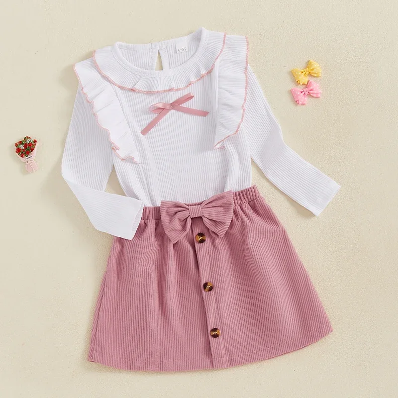 Kids Clothes Girl Two-Piece Outfits Ruffled Long Sleeve Bow Crew Neck Ribbed Tops Button Skirt Sets Fall Spring 2-7Years